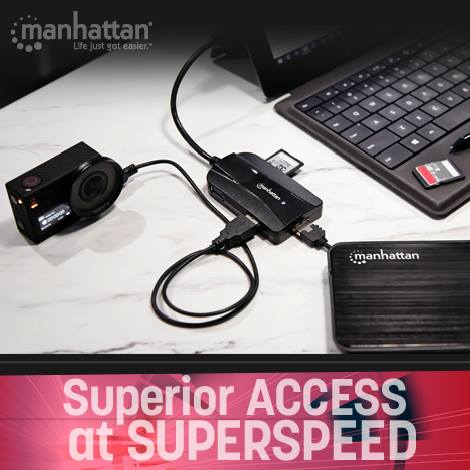 Manhattan USB-A 3-Port Hub and Card Reader/Writer, 3x USB-A Ports, 5 Gbps (USB 3.2 Gen1 aka USB 3.0), Supports MicroSD, SD and MMC Memory Cards, Bus Powered, SuperSpeed USB, Windows and Mac, Black, Three Year Warranty, Blister